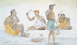 مضارب قماش تاهيتي ، بواسطة LF Lejeune من رحلة Louis I Duperrey (1822-1825) ، بولينيزيا القرن التاسع عشر ألوان مائية بواسطة المدرسة الفرنسية