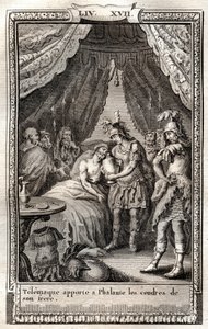 يعتني Telemaque بجروح Phalante ويجلب له رماد شقيقه - نقش عام 1798 بعد Monnet في "Les Aventures de Telemaque، fils d'Ulysse" (مغامرات Telemachus) بقلم Francois de Salignac de La Mothe-Fenelon dit Fenelon - بواسطة المدرسة الفرنسية