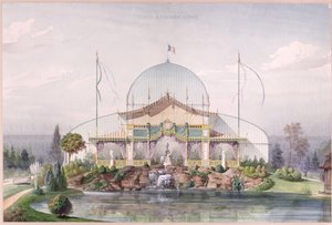 خيمة وبيت زجاج كبير في حديقة المعرض العالمي في باريس عام 1867 (ألوان مائية على ورق) بواسطة المدرسة الفرنسية