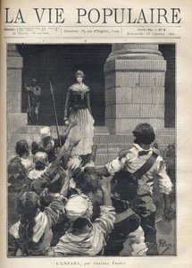 رعب أثناء الثورة الفرنسية (1793): شابة تنزل درج محكمة ثورية أمام حشد غاضب يهددها. رسم إيضاحي لـ "L'enfant" بواسطة أناتول فرانس (1844-1924). نقش من عام 1891 في "La vie populaire". خاص بواسطة المدرسة الفرنسية