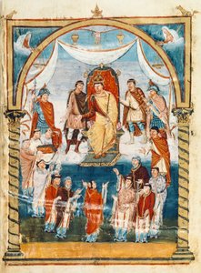 The Abbot Vivian surrounded by monks of St Martin of Tours presenting the book to Charles II the Bald, 9th century (miniature) بواسطة المدرسة الفرنسية