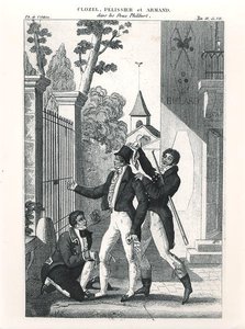 الممثل كلوزل كأنيق ، من الكوميديا "Les Deux Philibert" للمخرج لويس بينوا بيكار (1769-1828) ، ج. 1818 (نقش) (صورة بالأبيض والأسود) بواسطة المدرسة الفرنسية