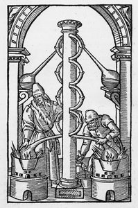 الكيميائي في العمل ، نسخة من رسم توضيحي من "Coelum Philosophorum" بواسطة فيليبس أولستاديوس ، باريس 1544 ، تم استخدامه في "تاريخ السحر" ، تم نشره في أواخر القرن التاسع عشر بواسطة المدرسة الفرنسية