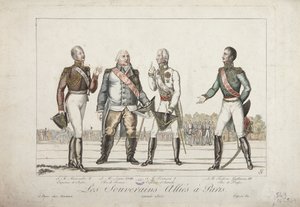 ملوك الحلفاء في باريس ، 1815 ، ألكسندر الأول ، إمبراطور روسيا ، لويس الثامن عشر ، ملك فرنسا ، فرانسيس الأول ، إمبراطور النمسا وفريدريك ويليام الثالث ، ملك بروسيا ، نشره مارتينيت ، 1815 بواسطة المدرسة الفرنسية