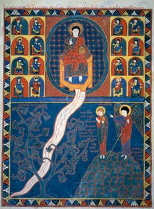 يُظهر الملاك للقديس يوحنا نهر الحياة الذي يبدأ من عرش الله وشجرة الحياة المصغرة المأخوذة من شروح "الرؤيا بحسب القديس يوحنا" التي كتبها الراهب بياتوس ليبانا عام 775 بواسطة المدرسة الفرنسية