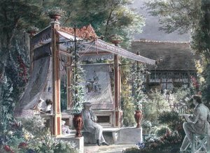 المهندس المعماري جاك إجناس هيتورف (1792-1867) في حديقته في باريس (جواش على ورق) بواسطة المدرسة الفرنسية