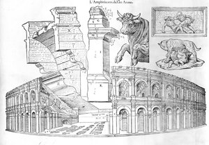 ساحة نيم ، التوضيح من Discours Historical de lantique et Illustriite cite de Nismes بواسطة Jean Poldo dAlbenas ، نُشر عام 1560 بواسطة المدرسة الفرنسية
