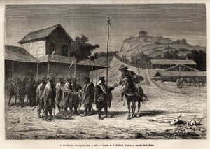 The Blancos, Argentine insurges who hold the province of Entre-Rios (Entre Rios) against the arms of Buenos Aires, dressed in picturesque costumes with white stripes, receive a little tobacco from the narrator, as he tries to pass their line to deliver a l بواسطة المدرسة الفرنسية