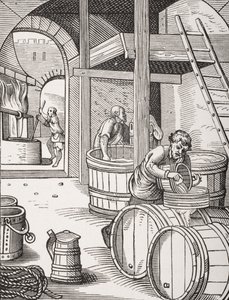 The Brewer ، بعد رسم توضيحي من القرن السادس عشر رسمه ونقشه جوست عمان (1539-1591) من "Le Moyen Age et La Renaissance" بواسطة Paul Lacroix (1806-1884) نشر عام 1847 بواسطة المدرسة الفرنسية