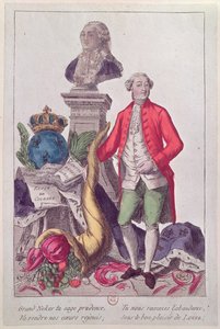 نداء جاك نيكر (1732-1804) في 16 يوليو 1789 (نقش ملون) بواسطة المدرسة الفرنسية