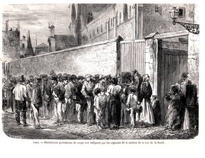 كابوشينس دي لا سانتي يوزع الحساء اليومي على الفقراء ، من لو موند إيلوستري ، 1860 بواسطة المدرسة الفرنسية