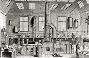 مختبر الكيمياء في مدرسة في باريس ، من Almanach du Magasin Pittoresque ، 1870 بواسطة المدرسة الفرنسية