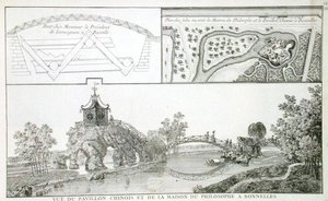 الجناح الصيني وبيت الفلسفة في Parc de Bonnelles ، بالقرب من باريس ، من Jardins Anglo-Chinois a la Mode ، بقلم جورج لويس لو روج ، نُشر عام 1785 (نقش) بواسطة المدرسة الفرنسية