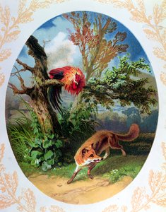 The Cockerel and the Fox ، الرسم التوضيحي بعد الحكاية بقلم جان دي لا فونتين (1621-1695) c.1860-80 بواسطة المدرسة الفرنسية