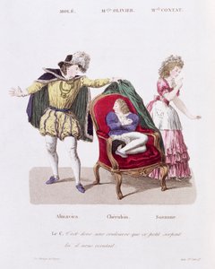 الكونت يكتشف Cherubin ، القانون الأول المشهد 9 من زواج فيغارو بواسطة بيير أوجوستين كارون دي بيمارشاش (1732-1997) بواسطة المدرسة الفرنسية