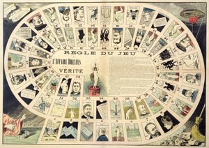 لعبة Dreyfus Affair Game ، مع صور لأفراد مختلفين معنيين ، في أواخر القرن التاسع عشر بواسطة المدرسة الفرنسية