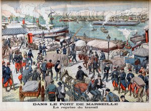 نهاية الإضراب في مرسيليا ، رسم توضيحي من "Le Petit Journal" ، 23 أكتوبر 1904 - في ميناء مرسيل - العودة إلى العمل - بعد أيام طويلة جدًا من العاطلين عن العمل ، استأنف ميناء مرسيليا أخيرًا جميع أنشطته بواسطة المدرسة الفرنسية