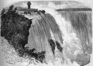 البهلوان الفرنسي بلوندين (جان فرانسوا جرافيلت) (1824-1897) يعبر شلالات نياجرا. من رسم للسيد فيليبرت. نقش في "" Le Monde Illustré "" رقم 127 بتاريخ 17 سبتمبر 1859. بواسطة المدرسة الفرنسية