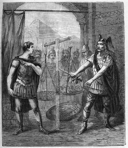 قائد جيش الغال Brennos (Brennus) يهزم الرومان ويعلن "Vae Victis" (الويل للمهزوم) ، وطالب الغال بفدية بعد غزوهم لروما - زعيم Brennus من قبيلة الغالي من Senons يلفظ Vae المشؤوم انتصار بواسطة المدرسة الفرنسية