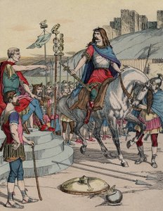 استسلم الزعيم الغالي فرسن جتريكس (72-46 قبل الميلاد) للقائد الروماني يوليوس قيصر (100-44 قبل الميلاد) بعد معركة أليسيا عام 52 قبل الميلاد. - "" استسلم الزعيم الغالي فرسن جتريكس (72-46 قبل الميلاد) للرئيس الروماني جول سيزار (100-44 قبل الميلاد) بع بواسطة المدرسة الفرنسية