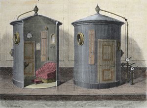 غرفة الضغط العالي بواسطة بول بيرت (1833-1887) عالم فيزيولوجي وسياسي فرنسي. نقش من عام 1855. بواسطة المدرسة الفرنسية
