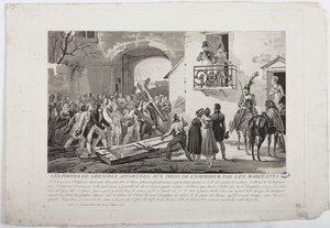 السكان الذين يودعون أبواب غرونوبل عند أقدام الإمبراطور ، 6 مارس 1815 ، نشرها مارتينيت ، 1815 بواسطة المدرسة الفرنسية