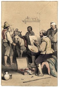 قام الرسام الإيطالي أنطونيو أليجري (المعروف باسم كوريجيو أو لو كوريج 1489-1534) بتأييد ، وإنشاء علامة نزل ، لدفع ثمن وجبته ، لوحة مأخوذة من "" مشاهد من حياة مشاهير الرجال "" "نقش بلونين بواسطة فاليريو. 1843. بواسطة المدرسة الفرنسية