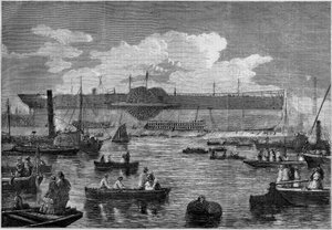 "Leviathan" (Great Eastern) ، أول سفينة عملاقة ، أثناء محاولته إطلاقها في عام 1857. نقش في "Le Monde Illustré" "رقم 31 بتاريخ 14 نوفمبر 1857. بواسطة المدرسة الفرنسية