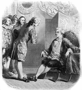 الماركيز دي بويزيولكس يستقبل فيليب نيريكولت ديستوشيس (1680-1754) وفرقته من الكوميديين المسافرين. النقش 1858-1859. بواسطة المدرسة الفرنسية