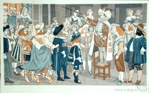 خطاب الأنف في فندق Hotel de Bourgogne ، رسم توضيحي من "Cyrano de Bergerac" بواسطة إدموند روستاند (1868-1918) حوالي 1905 (لون ليثو) بواسطة المدرسة الفرنسية