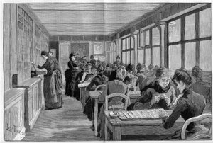 ورشة عمل تصنيف سندات بنما في باريس عام 1888. بواسطة المدرسة الفرنسية
