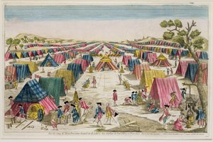 معسكر الجيش البروسي ، مستمد من الحياة في الحقول في بوميرانيا ، محفور بواسطة فالى ، ج .1750 (نقش ملون باليد) بواسطة المدرسة الفرنسية