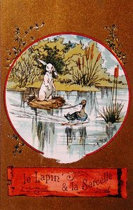 الأرنب و البط البري ، بطاقة مصورة تصور الخرافة بقلم جان دي لافونتين (1621-95) ج .1880 بواسطة المدرسة الفرنسية
