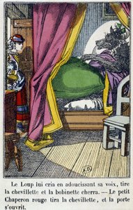 The Red Riding Hood enters the room where the wolf took the place of his grandmother - in “The Little Red Riding Hood”, ed. Pellerin, Epinal, n.d. 19th. بواسطة المدرسة الفرنسية