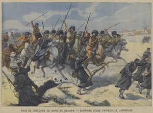 الحرب الروسية اليابانية: القوزاق يفاجئون دورية يابانية في غارة شمال جينسان ، كوريا (لون ليثو) بواسطة المدرسة الفرنسية