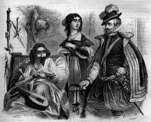 الكاتب الإسباني ميغيل دي سرفانتس سافيدرا (1547-1616) في المنزل عام 1614 يحيط بزوجته وكونت ليموس. نقش من 1852. بواسطة المدرسة الفرنسية