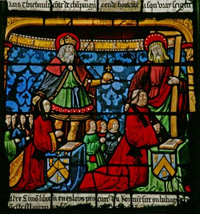 نافذة سانت لويس: يمكن رؤية المتبرعين Henriette de Mauroy و Simon Liboron مع قديسيهما St Henry و Simon of Cyrene بواسطة المدرسة الفرنسية