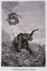 The Victoria towed by an elephant - in “Five Weeks in Balloon”, novel by Jules Verne بواسطة المدرسة الفرنسية