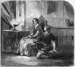 ملكة قشتالة البيضاء (1188-1252) والشاعر وملك نافارا تيبو الرابع ملك شامبانيا (1201-1253) (المعروف أيضًا باسم تيبو الأول ملك نافارا). نقش في "تاريخ الدعارة والفجور بين جميع شعوب العالم من العصور القديمة إلى بواسطة المدرسة الفرنسية