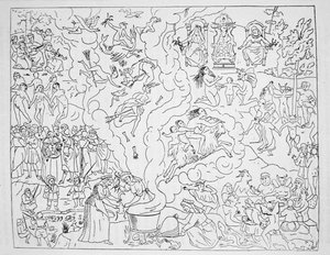 The Witches Sabbath ، نسخة من رسم توضيحي من Tableau de linconstance des mauvais anges بواسطة Pierre de Lancre ، باريس 1612 ، تم استخدامه في تاريخ السحر ، نُشر في أواخر القرن التاسع عشر بواسطة المدرسة الفرنسية