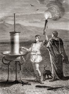 The ancient Greek hydraulic semaphore system being used by Aeneas to send a message, 4th century BC, from Les Merveilles de la Science, published c.1870 (engraving) بواسطة المدرسة الفرنسية