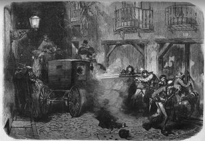 اغتيال خوان بريم واي براتس (1814-1870) ، الجنرال والسياسي الإسباني ، عند خروجه من كورتيس ، في شارع ديل توركو في مدريد في 28 ديسمبر 1870. نقش في "" Le Monde Illustré "" رقم 724 من 25 فبراير 1871. بواسطة المدرسة الفرنسية