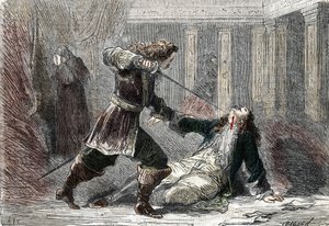 اغتيال ماركيز جيانرينالدو مونالديتشي ، عاشق ملكة السويد كريستينا (1626-1689) في قلعة فونتينبلو بواسطة المدرسة الفرنسية