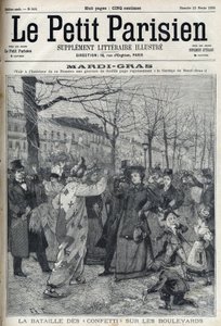 معركة القصاصات على الجادة الباريسية خلال ماردي غرا (ماردي غرا). نقش في "Le petit Parisien" " بواسطة المدرسة الفرنسية