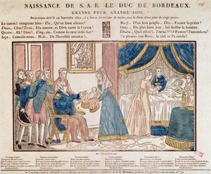 ولادة هنري تشارلز فرديناند ماري ديودون من فرنسا ، دوق بوردو ، كومت دي شامبورد في 29 سبتمبر 1820 (نقش الخشب الملون) بواسطة المدرسة الفرنسية