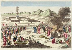 معسكر بني اسرائيل وتضحية البقرة الحمراء (نقش ملون) بواسطة المدرسة الفرنسية