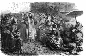 الكوليرا في روما: أمر البابا غريغوار السادس عشر (1765-1846) بالمواكب والقرارات والبركات لوقف زحف الكوليرا. نقش في "Histoire des Papes-Rois-Queen and Empereurs a travers les years" بقلم موريس لاشاتر بواسطة المدرسة الفرنسية