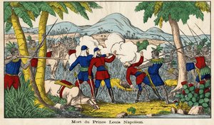 وفاة الأمير يوجين لويس نابليون في 1 يونيو 1879 ، أمير إمبراطوري (23 عامًا) ، وهو الابن الوحيد للإمبراطور السابق نابليون الثالث وزوجته. صورة إبينال من القرن التاسع عشر. بواسطة المدرسة الفرنسية