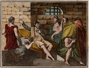 وفاة سقراط الفيلسوف اليوناني (470 - -399 قبل الميلاد). بواسطة المدرسة الفرنسية