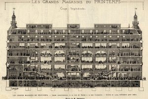المتاجر الكبرى في Printemps في عام 1889 ، القسم الطولي ، من شارع du Havre إلى Rue Caumartin ، رسمها Berteault ، مجموعة Bianchetti. بواسطة المدرسة الفرنسية